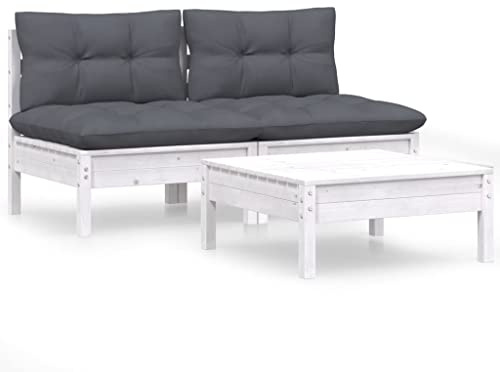 Qnhdfrt 3-TLG. Garten-Lounge-Set aus massivem Kiefernholz, Modulares Loungesofa in Weiß mit anthrazitfarbenen Kissen für Terrasse und Garten, Sitzgruppe mit 2 Mittelsofas und Hocker