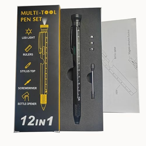 Juego de bolígrafos multiherramienta, bolígrafo multiherramienta 12 en 1 para hombres, con luz LED, regla, nivel, destornillador, abrebotellas, parte superior de masaje, gadgets geniales para hombres