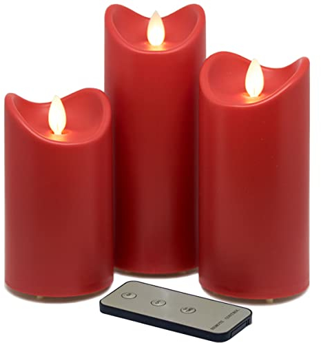 Tronje LED Outdoor Kerzen - 3er Set mit Timer u. Fernbedienung - 13/15/18cm Stumpenkerzen Rot - beweglicher Flamme - IP44 UV Hitzebeständig