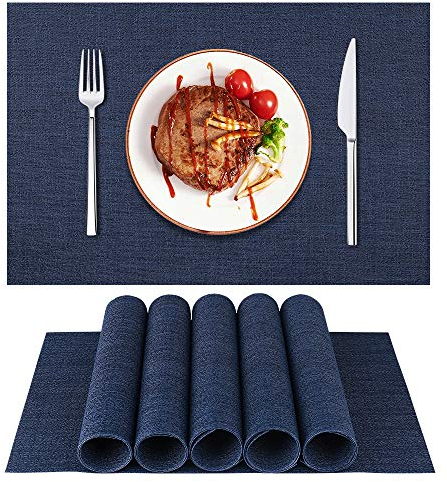 LIFEWEAR Placemats Set of 6 Woven Vinyl Placemat for Dining Table Washable Wipeable Kitchen Table Mats Durable Place Mats -S01 Navy Blue, 6 Pcs