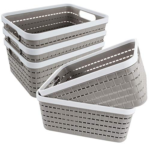 AHUNTTER 5 Pack Plastic Storage Basket Set - 28.7cm x 21.8cm x 13.5cm Large Portable Storage Boxes for Kitchen Shelves Cupboards Bathroom Desktop Cabinet - Gray