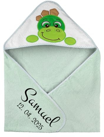 Bibos Baby Kapuzenhandtuch mit Namen Bestickt 75 x 75 cm mit Motiv (Dino)