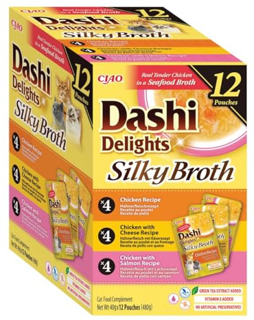 INABA Dashi Delights Katzenfutter Nass mit 93% Feuchtigkeit und Echtes Hühnerfleisch in Silky Broth, Köstliche Katzenleckerlis die Ihre Katze mit Flüssigkeit versorgen 40 g (12er Pack)