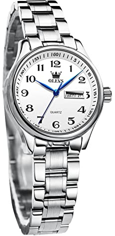 OLEVS Damenuhr Analoge Leicht zu lesen Armbanduhr mit Kleines Gesicht Silber Edelstahlband wasserdichte Day Date Uhr