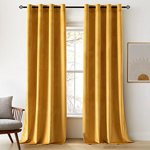 Woaboy Samtvorhänge Verdunkelungsvorhang Gardinen mit Ösen 140x260 cm Gelb | Vorhänge Samt Blickdicht für Wohnzimmer Blackout Curtains Thermovorhang Schalldämmend Schlafzimmer 2er Set
