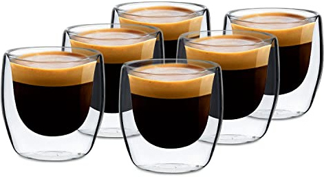 GLASWERK - Tazzine di design da espresso (6 x 80 ml), tazzine da espresso in vetro borosilicato a doppia parete, set di tazzine in vetro lavabili in lavastoviglie