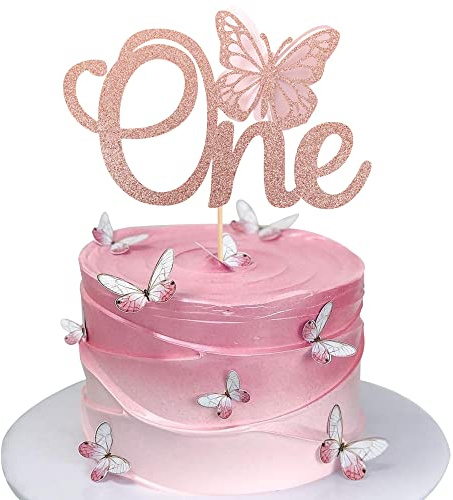 Xsstarmi 1 PCS Butterfly Cake Topper Rose Gold Glitter Baby Shower 1st Birthday Cake Pick for Butterfly Theme Baby Shower 1st Birthday Party Cake Decoration Supplies