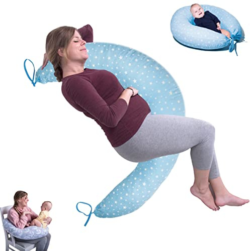 ZK ZuresKa Cojin de Lactancia y Almohada Embarazada XXL (2 Metros). Cojín Lactancia Bebe con Funda Desenfundable y Lavable. Multiusos Maternidad. (1, Azul_Estrellas, XXL)