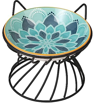 Raised Ceramic Cat Food Bowl - Elevated Cat Dish with Anti-Slip Stand - Wide Shallow Bowl, Whisker-Friendly - Microwave & Dishwasher Safe - 8.5 oz, 5.75 inch