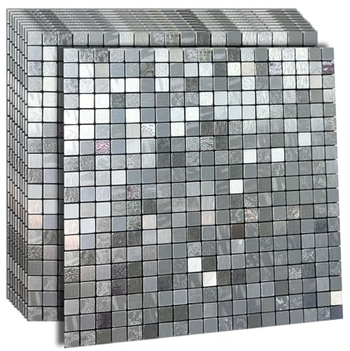 YMMXGE 10-Sheet Peel and Stick Metal Backsplash Tile Stick on Kitchen 3D Wall Decor Aluminum Mosaic Tiles for Bathroom, 12x12x0.15 (10, Mixed Silver)