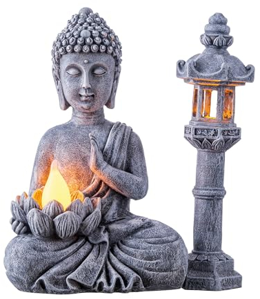 TERESA'S COLLECTIONS Garden Ornaments Outdoor, Meditating Buddha Statue with Solar Light Pagoda Set of 2, Waterproof Resin Zen Ornaments, New Year Gifts, Indoor Outdoor 24CM