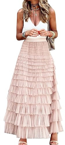 Gonna lunga da donna in tulle, linea A, con volant, a vita alta, a strati, sottoveste