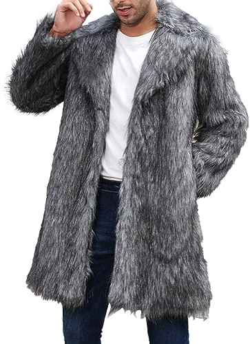 UnoSheng Felljacke Herren Kunstfell Jacke - Mantel Herren Lang Pelzmantel Winter Pelzkragen Fellmantel Männer Kunstpelz Mantel Langarm Revers Faux Pelz Jacke Outdoor Warm Winterjacke Parka