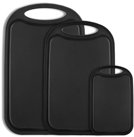 BEWOS Plastic Chopping Board Set, Juice Groove, Chopping Board with Easy Grip Handle, Ideal for Meat, Veggies, Fruit, Dishwasher Safe