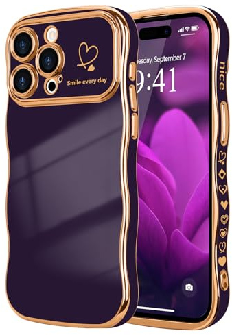 LCHULLE Kompatibel mit iPhone 14 Pro Hülle Liebesherz Mädchen Handyhülle Wellen Lockige Form mit erhoben Kameraschutz Luxus Galvanisierte Schutzhülle Girls Case für iPhone 14 Pro Dunkellila