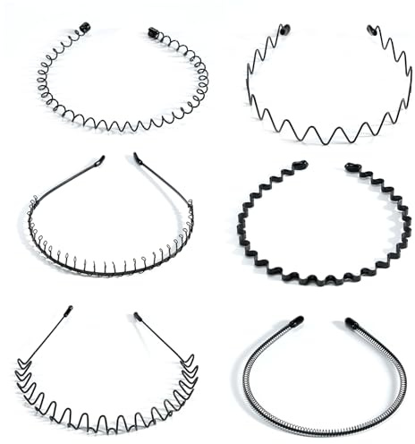 6 Stück Metall Haarband, Schwarz Welle Metall Stirnband, Haarreifen Unisex, Multi-Stil Haarbänder für Männer Frauen, für Outdoor Sports Yoga