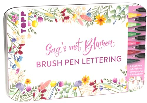 Handlettering Designdose Brush Pens Sag's mit Blumen: Dose (19 x 11,5 cm), 6 Brush Pens mit Fineliner-Spitze in Gelb, Hellgrün, Grün, Magenta, ... Transferstickerbogen (Designdosen Stiftesets)