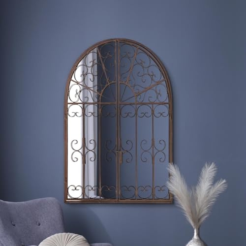 MirrorOutlet The Kirkby Wandspiegel, Metall, rustikal, gerahmt, dekorativ, gewölbt, mit Türen zum Öffnen, 135 x 89 cm, geschlossene Türen, 89 x 70 cm