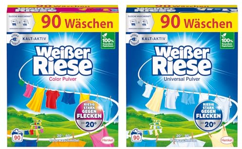 WEISSER RIESE Pulver-Set 2x 90 Waschladungen (180WL) 1x Color & 1x Universal, Color- & Vollwaschmittel wirkt riesig stark gegen Flecken, Kalt-Aktiv schon ab 20° C, ergiebiges Waschpulver