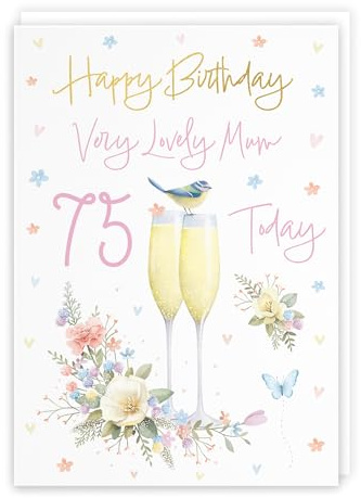 Hunts England Carte d'anniversaire 75 ans pour maman flûtes à champagne – Feuille d'or – Milo's Gallery – 75 ans – Papillons, cœurs, fleurs – Jolie carte d'anniversaire pour maman – 75 ans – Format A5