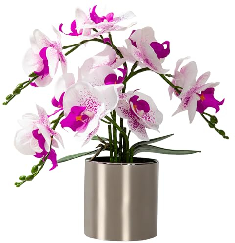 LESING Artificial Orchid Flower with Vase Realistic Orchids Faux Flower Fake Orchid Bonsai Plants in Pot Arrangement for Home Wedding Party Dining Table Centerpiece Decor (White Purple,Silver Vase)