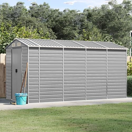 SECOLI Gerätehaus mit Schrägdach Metallunterstand Fahrradgarage Metall Unterstand Wetterfest Geräteschuppen Metallgerätehaus 191 x 385 x 198 cm Fahrradunterstand Geräteschuppen Hellgrau