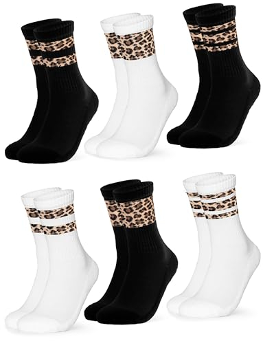 Occulto Damen Leoparden Muster Tennis Socken 6er Pack (Modell: Nala) Schwarz Weiß 39-42