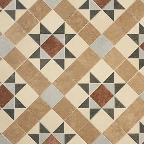 Tile Effect Vinyl Flooring Roll Brown & Beige Victorian Felt Back Lino Flooring for Kitchens, Bathrooms and Hallways 2m 3m Width 2m To 7m Length (Brindley, 7m x 3m)