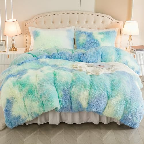 EMME Plysch sängkläder set 135 x 200 cm bäver fluffigt täcke set för säng lurvig och plysch mjuka sängkläder påslakan och 1 örngott 80 x 80 cm, tie-dye blågrön