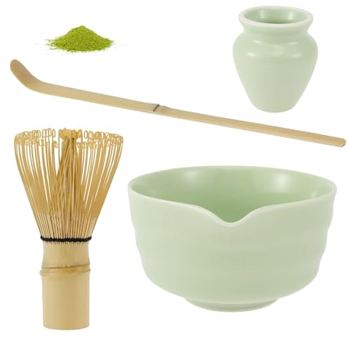 4Pcs Matcha Whisk Set, Japanese Matcha Tea Set,Ceramic Matcha Bowl Matcha Whisk Holder Bamboo Matcha Whisks and Bamboo Scoop Handmade Matcha Kit for Traditional Japanese Tea (B)
