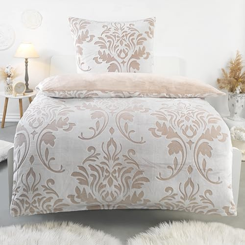 BaSaTex Plüsch Bettwäsche Set, 135x200 cm, Ornamente Beige | Plüsch Winter Garnitur, Öko_Tex Zertifiziert, Lasercut Prägedesign, Flauschig, Wärmend