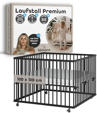 Sämann Laufstall Baby mit Matratze Cloud Air & Lattenrost | stufenlos höhenverstellbar | Laufgitter Premium | Babybett aus Holz | Krabbelgitter (schwarz, 100x100 cm)