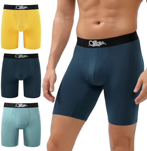 OEIOEI Boxer da uomo a gamba lunga, in bambù, con mosca, morbidi, anti sfregamento, confezione da 3, Blu scuro/Giallo/Celeste, M