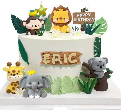 BHBHLFF 17Pcs Jungle Animal Cake Toppers for Party, Wild One Cake Decorations Including Lion Giraffe Elephant Koala Monkey, Safari Animals Cake Topper for Baby