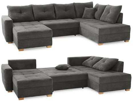Moderne Wohnlandschaft in U-Form B313/T200/H92 cm, Sofa mit Schlaffunktion und Bettkasten, mittelfeste Schaumpolsterung, spiegelverkehrt montierbar, Bezug Cordstoff in Grau Anthrazit / 15220