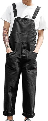 Salopette de travail en jean stretch pour homme - Noir - Combinaison d'été sportive - Sans manches - Rétro - Avec poches - Salopette baggy - Confortable, Noir , M