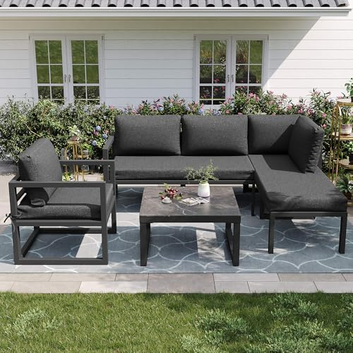 DRIXNO Seil-Gartenmöbel-Set, Garten-Lounge-Set, Ecksofa mit Verzinktem Eisengestell, Verstellbare Beine, Inklusive Aller Sitz- und Rückenkissen, Grau