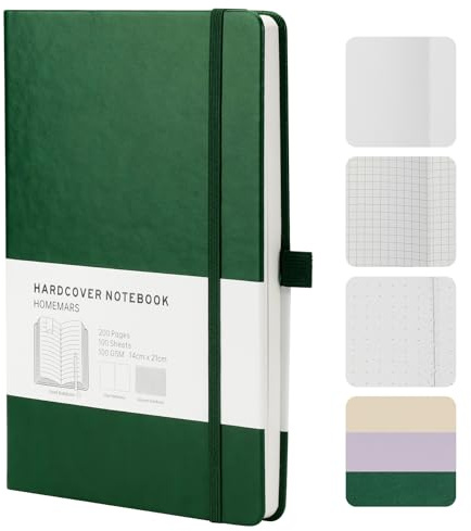 HOMEMARS Notizbuch, Notebook, 21cm*14.5cm, Notizbuch Blanko A5, Journal buch, Reisetagebuch, Skizzenbuch, Blanko Papier,Notizblock, 100GSM, 200 Pages, Grün,Leder Hardcover