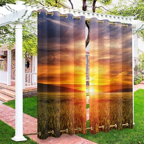 Hiseng Outdoor Vorhänge Wetterfest mit Ösen Oben und Unten, 3D Sonnenuntergang Muster wasserdichte Outdoorvorhänge 2 Set Verdunkelungsvorhang Sichtschutz Vorhang (Landschaft A,137x203cm)