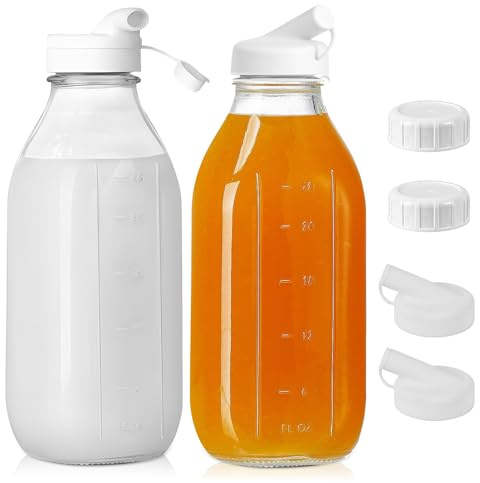 Viitech 2er 1000ML Glasflaschen zum Befüllen, Milchflaschen mit Schraubverschluss Saftflaschen und Silikondüse, Smoothie Flasche Milchflaschen Kombucha Glas mit Kapazitätsskala für Saft Milchshakes
