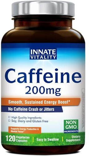Innate Vitality Caffeine, 200 mg Caffeine Pills for Adults, Men & Women, No Crash or Jitters, Non GMO, No Gluten, Boost Energy Levels & Mental Focus, 120 Vegan Capsules