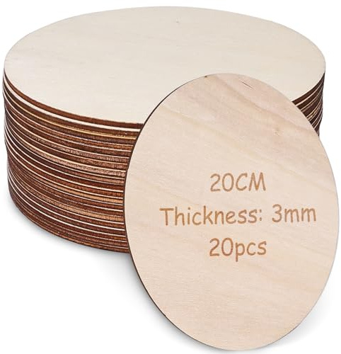 20 Stücke Runde Holzscheiben, 20 cm Durchmesser Naturholzscheiben Unbehandelt Holzplatte, 3 mm Dicke Holzscheiben Runde Sperrholzplatten für Dekoration Handwerke Bemalen DIY Handwerk