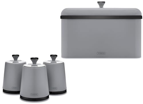 Tower Sera Grey Breadbin & Tea, Coffee, Sugar Canisters. Contemporary Matching Kitchen Storage Set in Matte Grey Finish with Stylish Black Smoked Trim