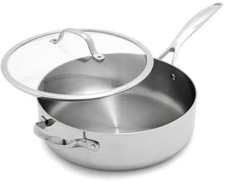 GreenPan Valencia Pro 5QT Tri-Ply Stainless Steel Saute Pan with Lid, Induction Ready, Mirrored-Finish, Durable Encapsulated Rims, Oven & Dishwasher Safe