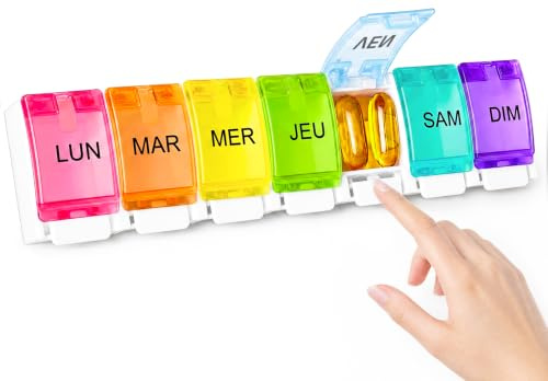 Yaklim Pilulier Semainier 7 Jours, 7 Compartiments, Grande Capacité | Ouverture Facile Par Bouton, Boîte À Pilules Portable Pour Comprimés, Vitamines Et Compléments, 1 Prise Par Jour (Coloré)