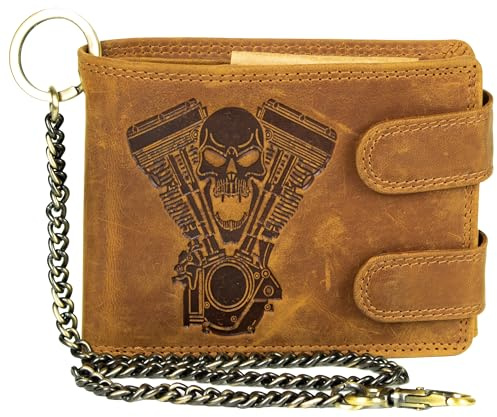 Cartera de motociclista para hombre en cuero color marrón con diseño de calavera y estampado de motor V2 – Billetera con cadena, protección RFID, 10 ranuras para tarjetas, bolsillo para monedas y