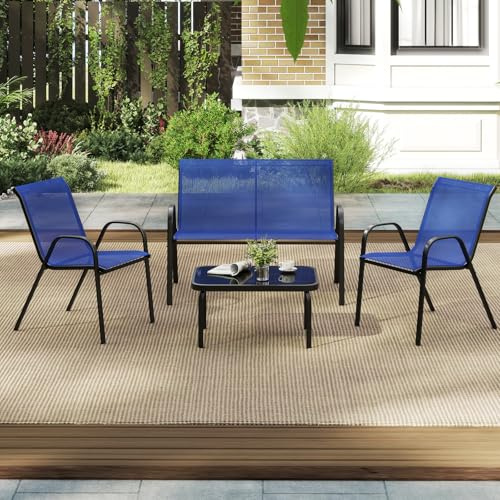 GIANTEX Salon de Jardin 4 Personnes, Canapé Extérieur2 Places avec 2 Fauteuils en Tissu, Table Basse en Verre Trempé, Mobilier de Jardin Extérieur pour Balcon, Cour, Piscine, Terrasse, Bleu