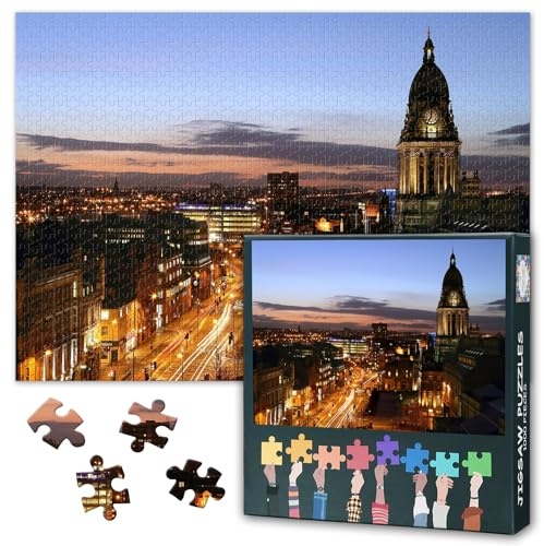 Leeds West Yorkshire Sunset Landscape Jigsaw Puzzle 1000 Pieces for Adults UK Cityscape Skyline Puzzle Golden Hour Wall Art Home Decor Living Room Challenge 27.5x19.7 Inch