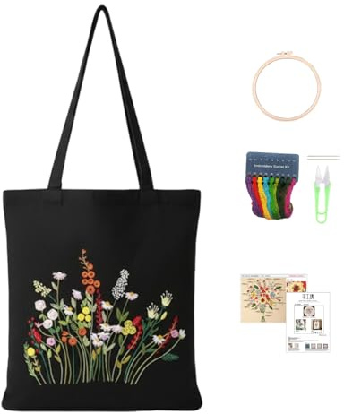 Xgvzs 1 Stück Stickset Tragetasche Canvas Tragetasche Damen Schwarze DIY Sticktasche Set Stickset mit Muster und Anleitung für Anfänger für DIY Kunst Handwerk