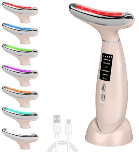 Neck Face Lifting Device, 7 LED Facial Massager with -5°C Cooling Head | 45°C EMS Microcurrent Massage 6 Modes 4 Intensity Levels, Anti-Wrinkle, Skin Tightening for Face Neck Eye Body Care Toning